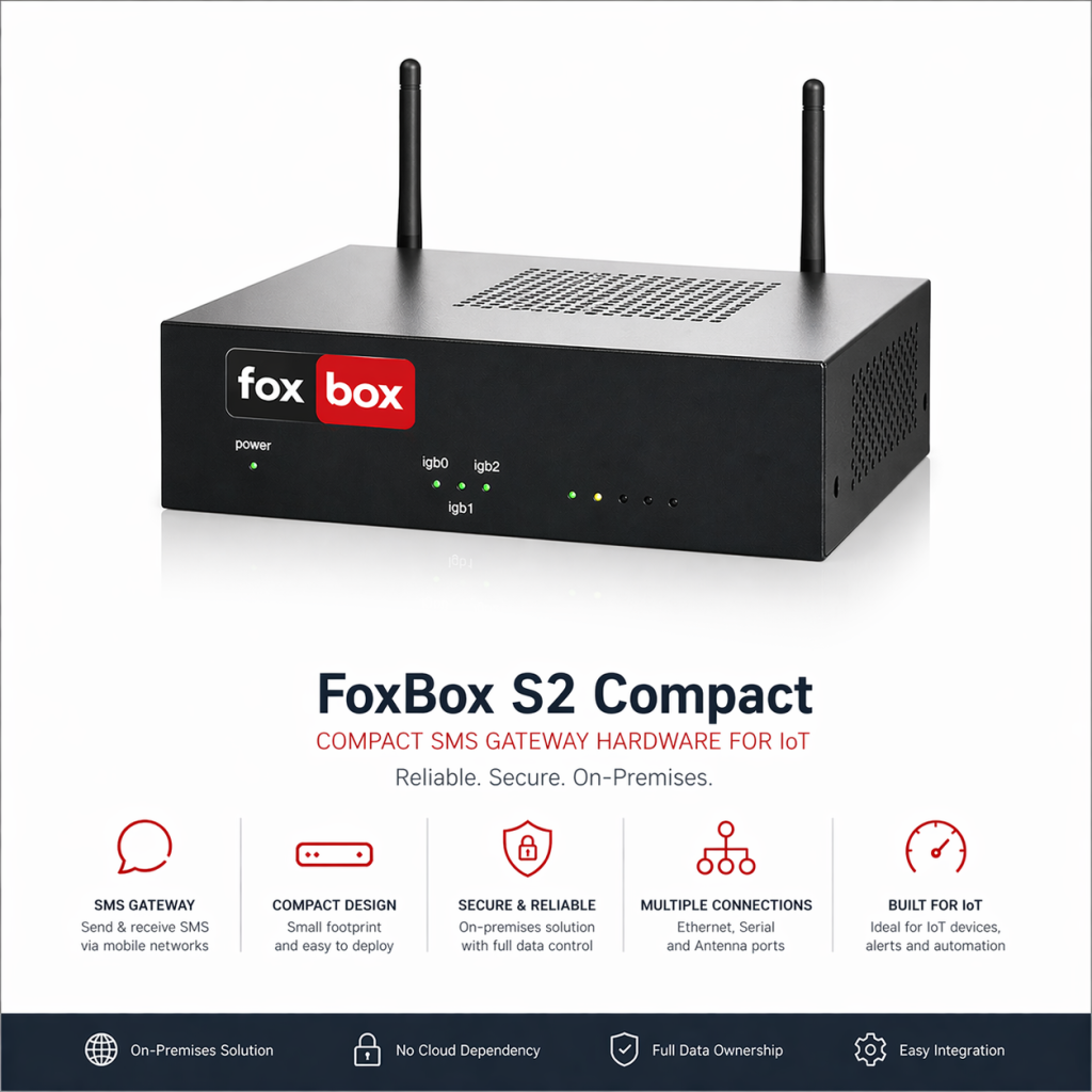 SMS-Gateway-Hardware FoxBox S2, ein kompaktes Ger&auml;t f&uuml;r IoT, Benachrichtigungen und lokale Nachrichten&uuml;bermittlung.